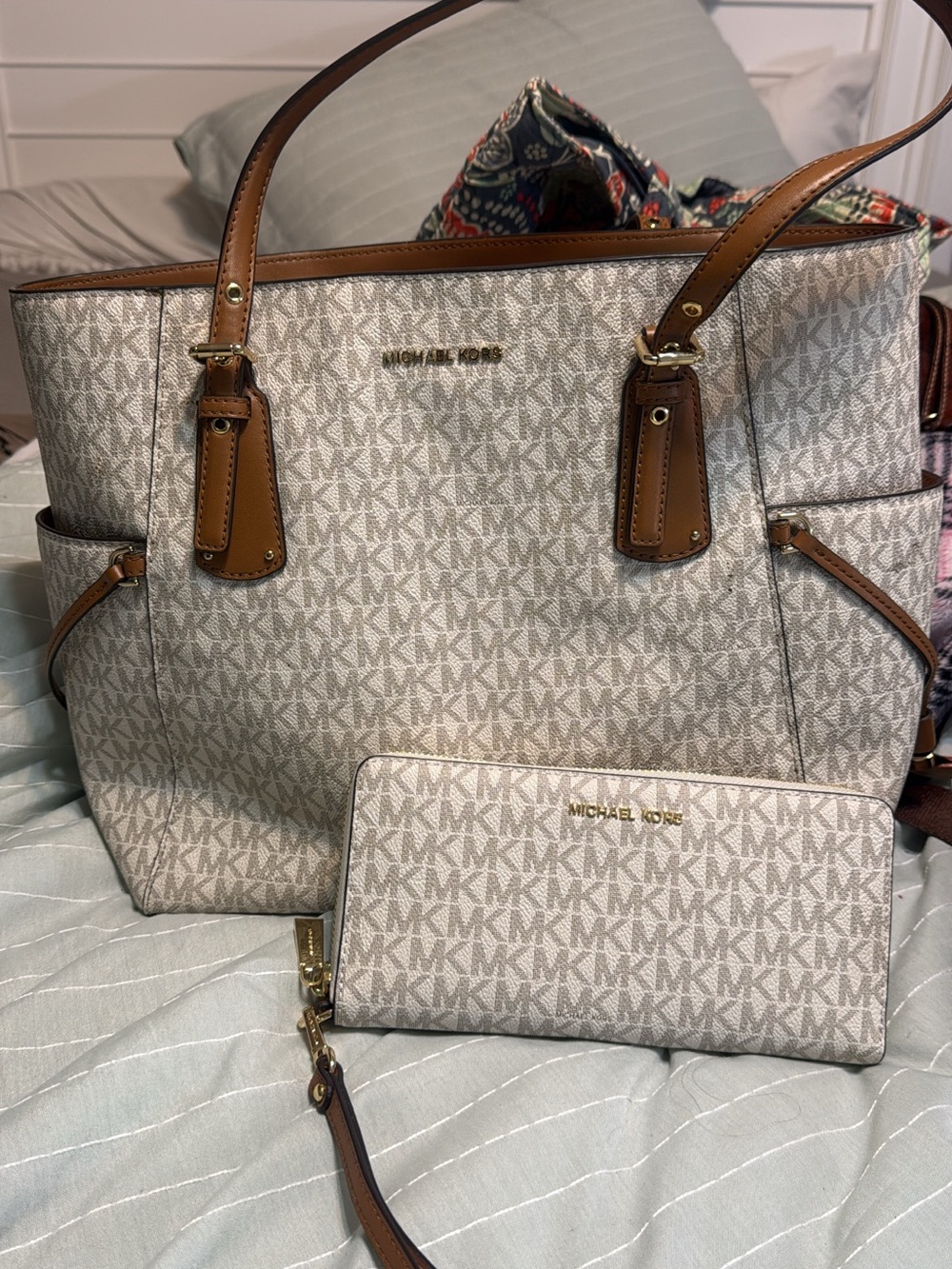 Michael Kors Beige MK Logo Tote with Tan Trim and Matching Wallet